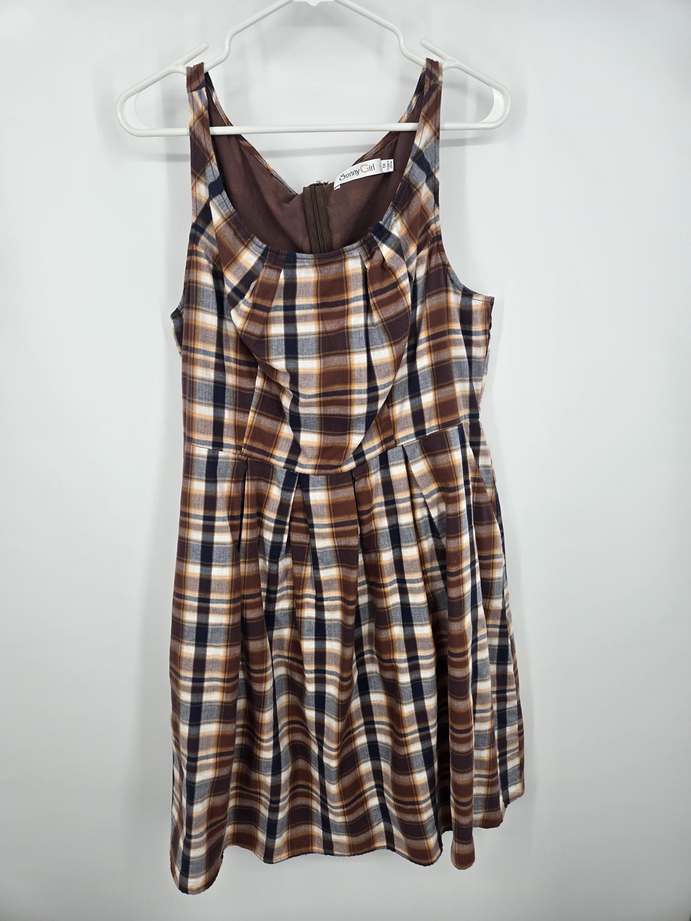 Sunny Girl Retro Brown Gray Plaid Sleeveless Dress 1XL (6694)